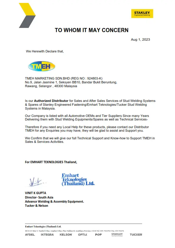 Stanley Distributor Cert Stanley Distributor Malaysia TMEH Stanley Stud Welding Solution